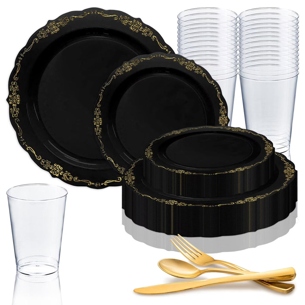 Black Gold Disposable Plastic Wedding Value Set (60 Guests) H164642