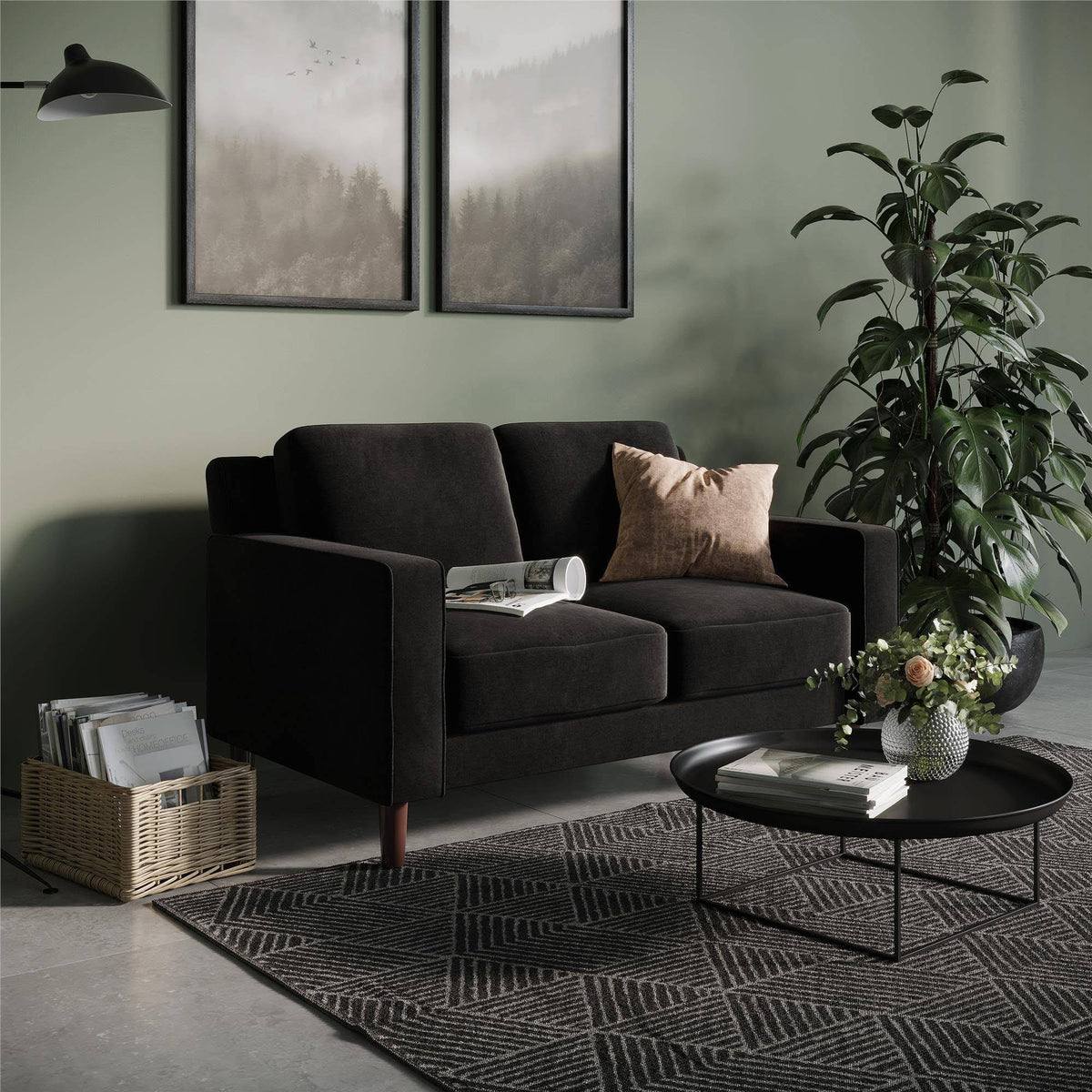 Black Velvet Loveseat 2 Seater Sofa G18134
