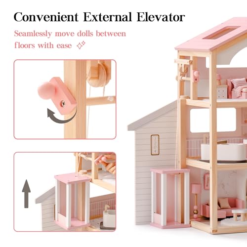 Pink Wooden Dollhouse with 6 Rooms and 29-pcs Furniture Set F654632