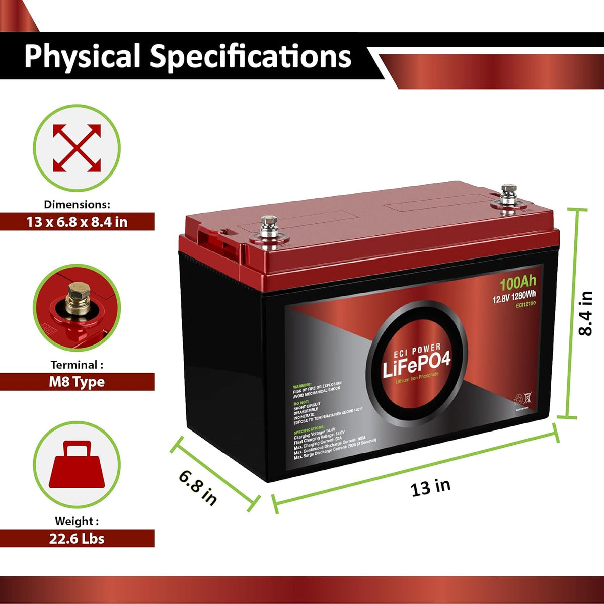 12V 100Ah Lithium LiFePO4 Deep Cycle Rechargeable Battery W363