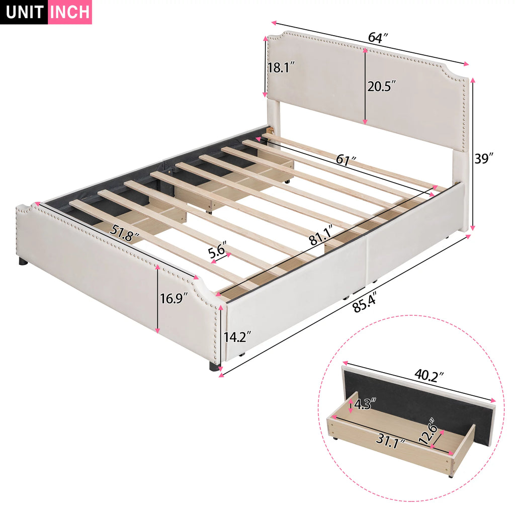 Beige Velvet Queen Size Bed with 4 Storage Drawers I252