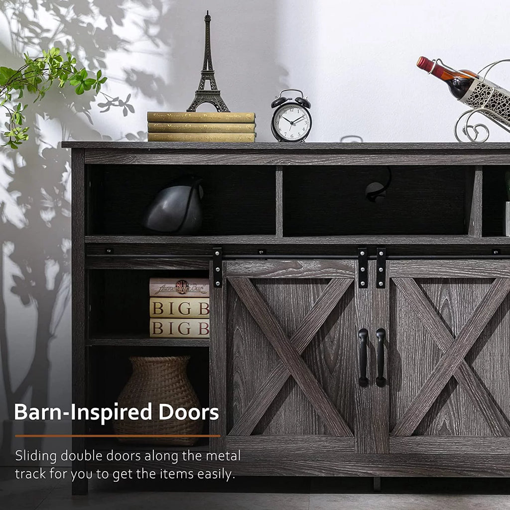 Farmhouse Barn Door TV Cabinet Media Console with Open Shelves White Y472207