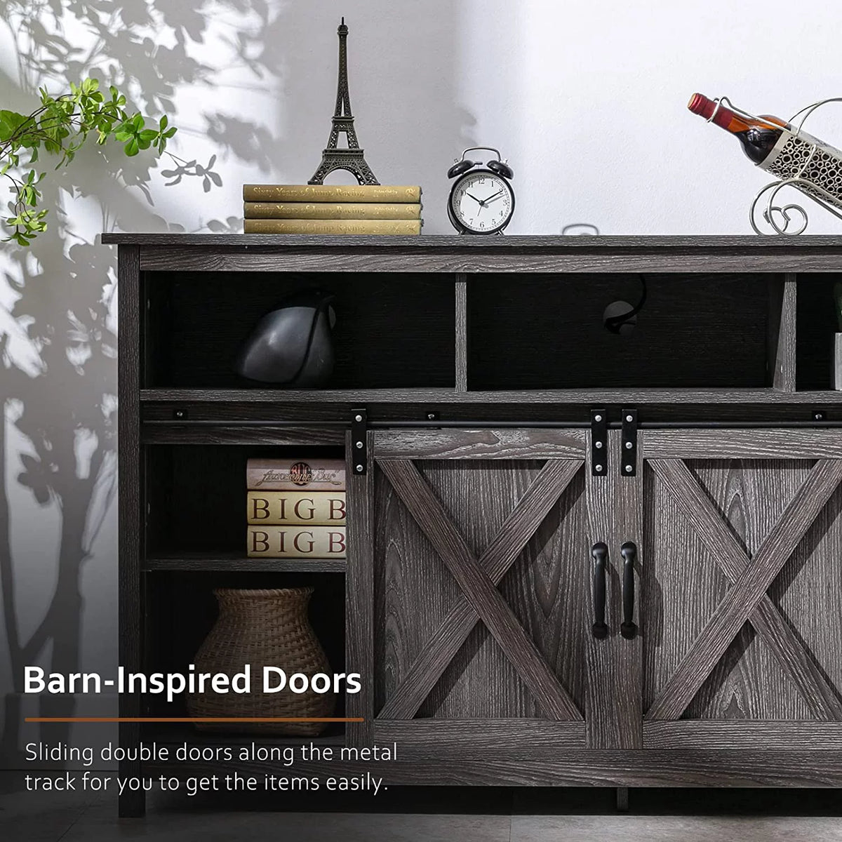 Farmhouse Barn Door TV Cabinet Media Console with Open Shelves White Y472207
