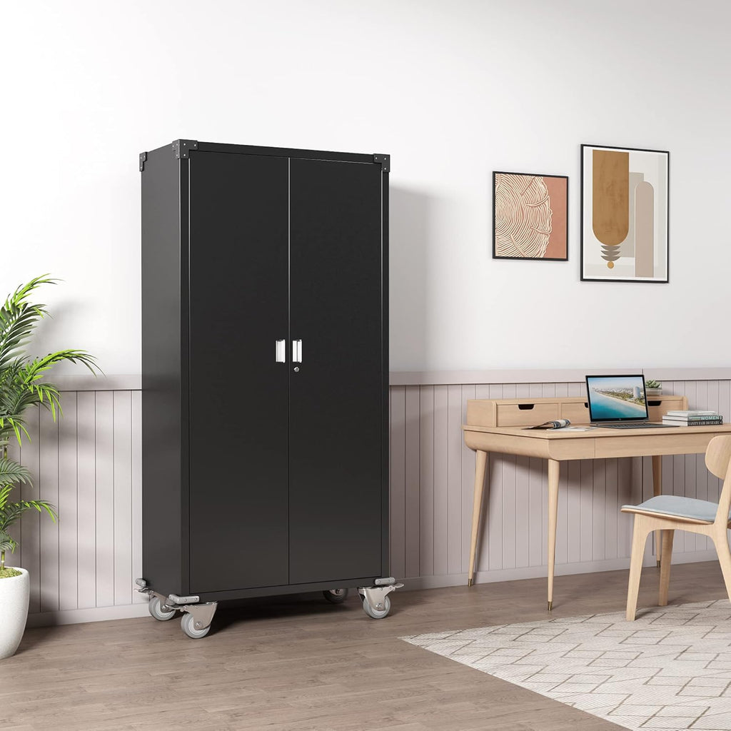 Black Steel Storage Cabinet with Wheels, 72'' Tall E32906