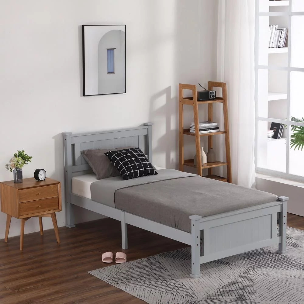 Gray Solid Pine Wood Twin Bed Frame with Headboard A1420