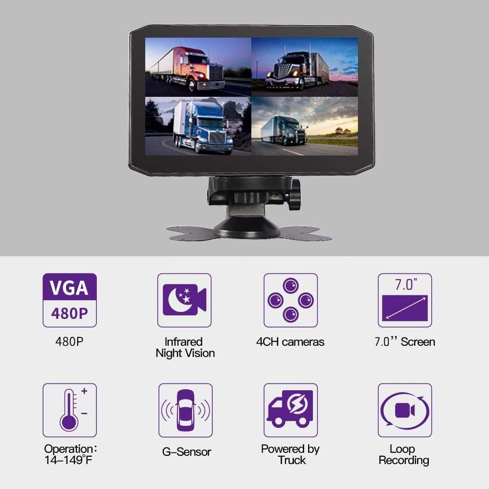 4CH Dash Cam Backup Camera 7.0'' Monitor Recording DVR Front & Sides & Rear VGA with Infrared Night Vision Lens D193