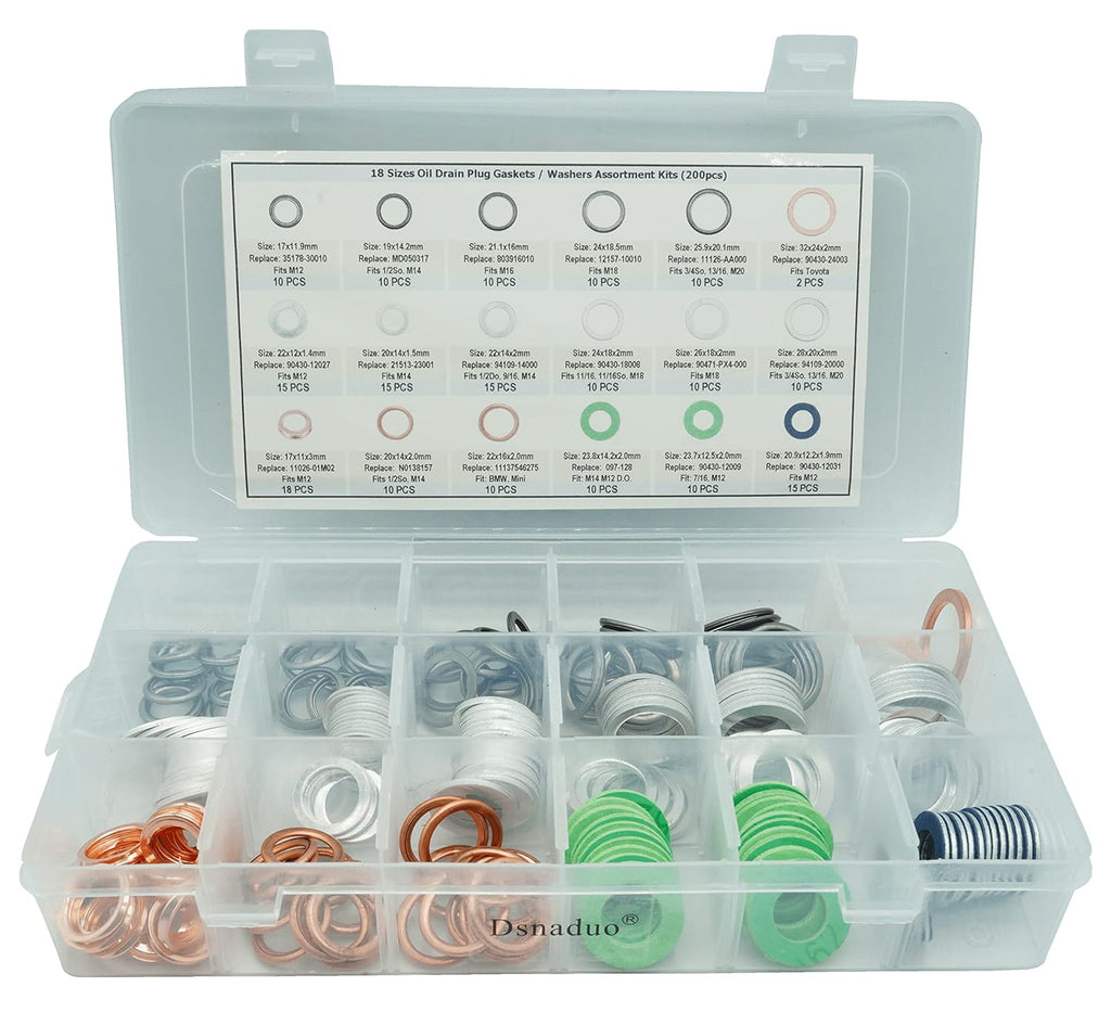 200PCS 18 Sizes Oil Drain Plug Gaskets Washers Assortment Kits N421579