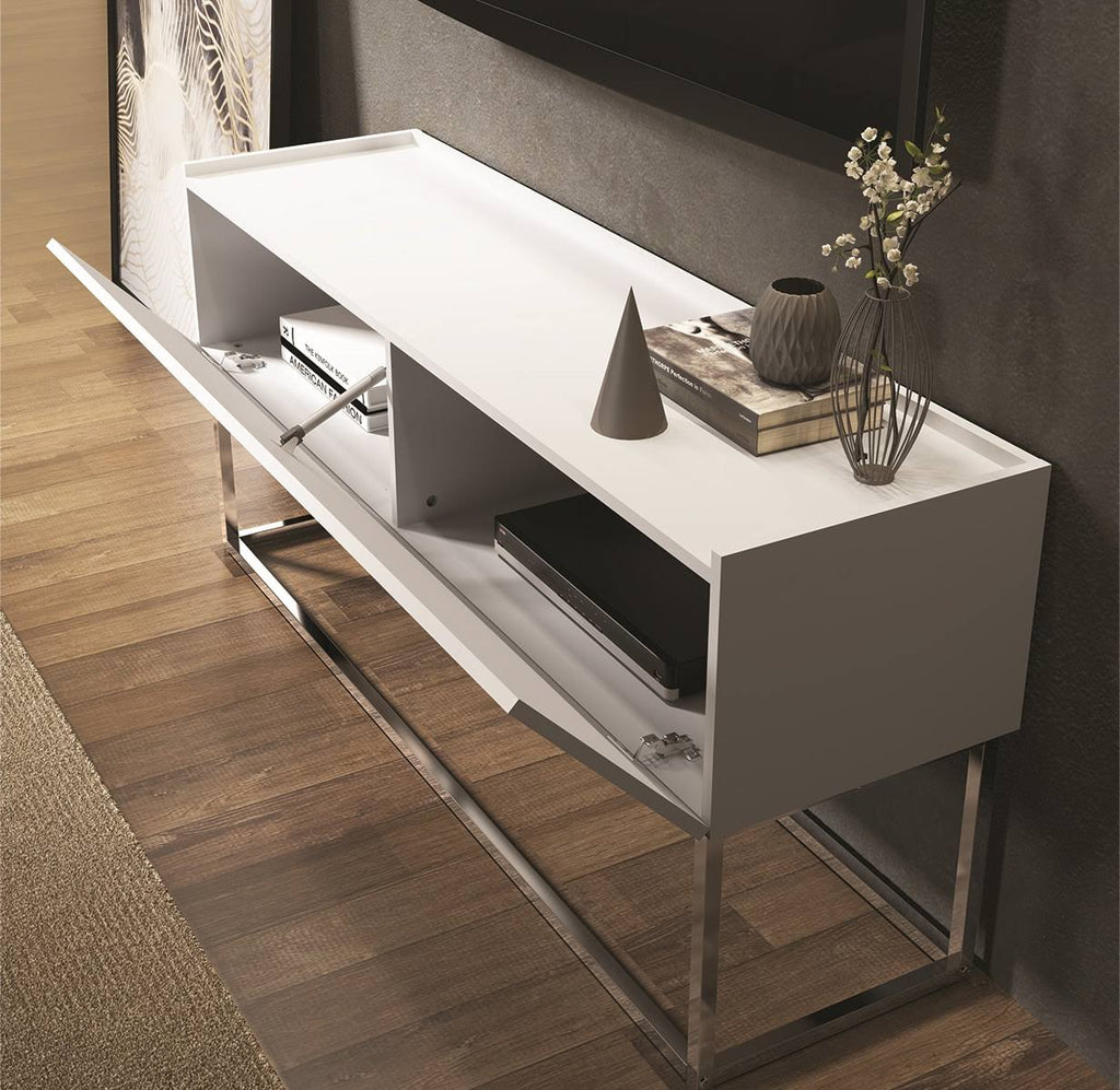 Matte White and Chrome Plated Low Entertainment Center O82741
