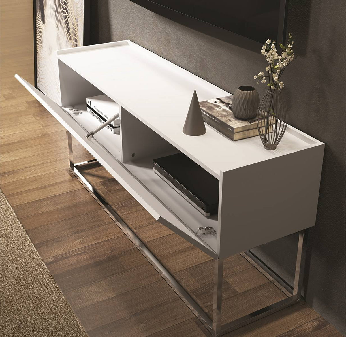 Matte White and Chrome Plated Low Entertainment Center O82741