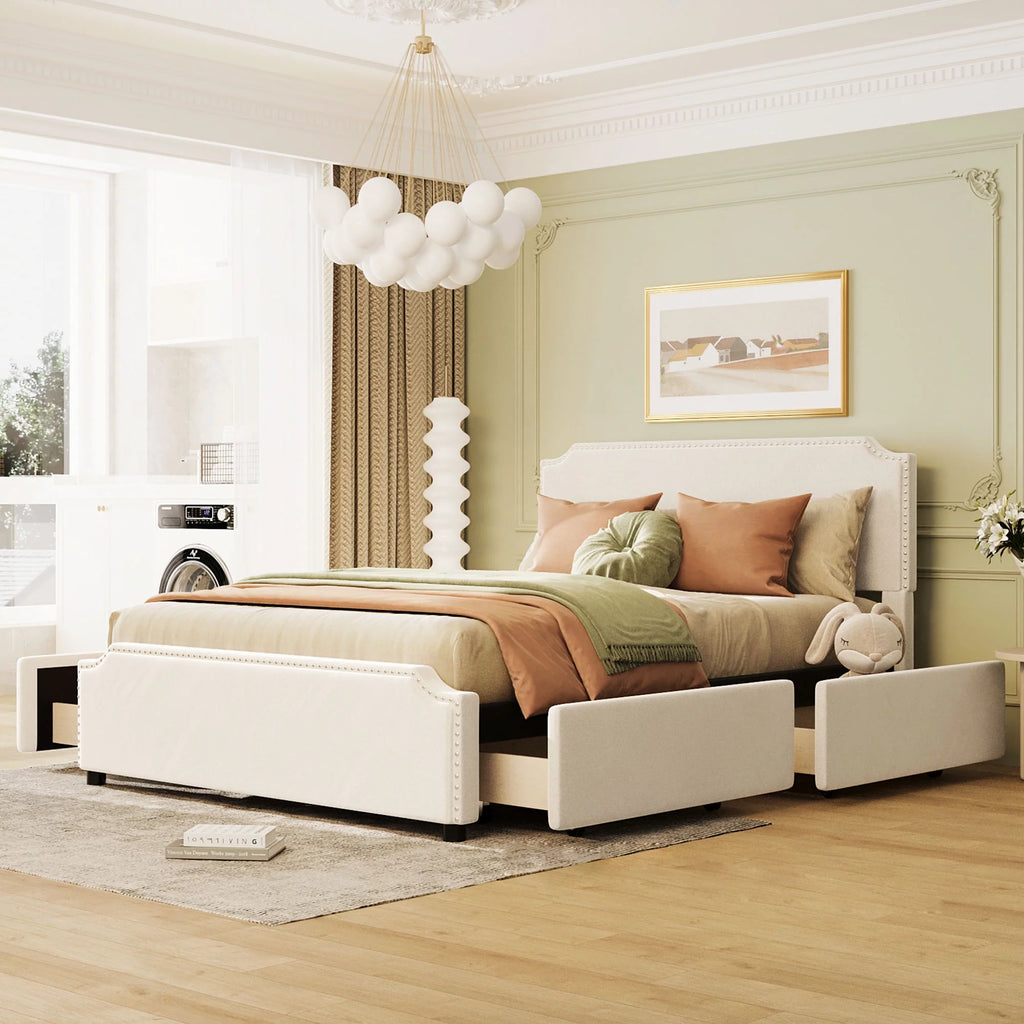Beige Velvet Queen Size Bed with 4 Storage Drawers I252