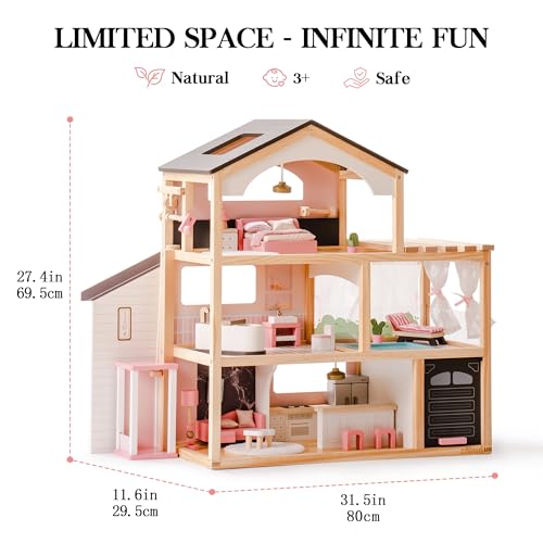 Pink Wooden Dollhouse with 6 Rooms and 29-pcs Furniture Set F654632