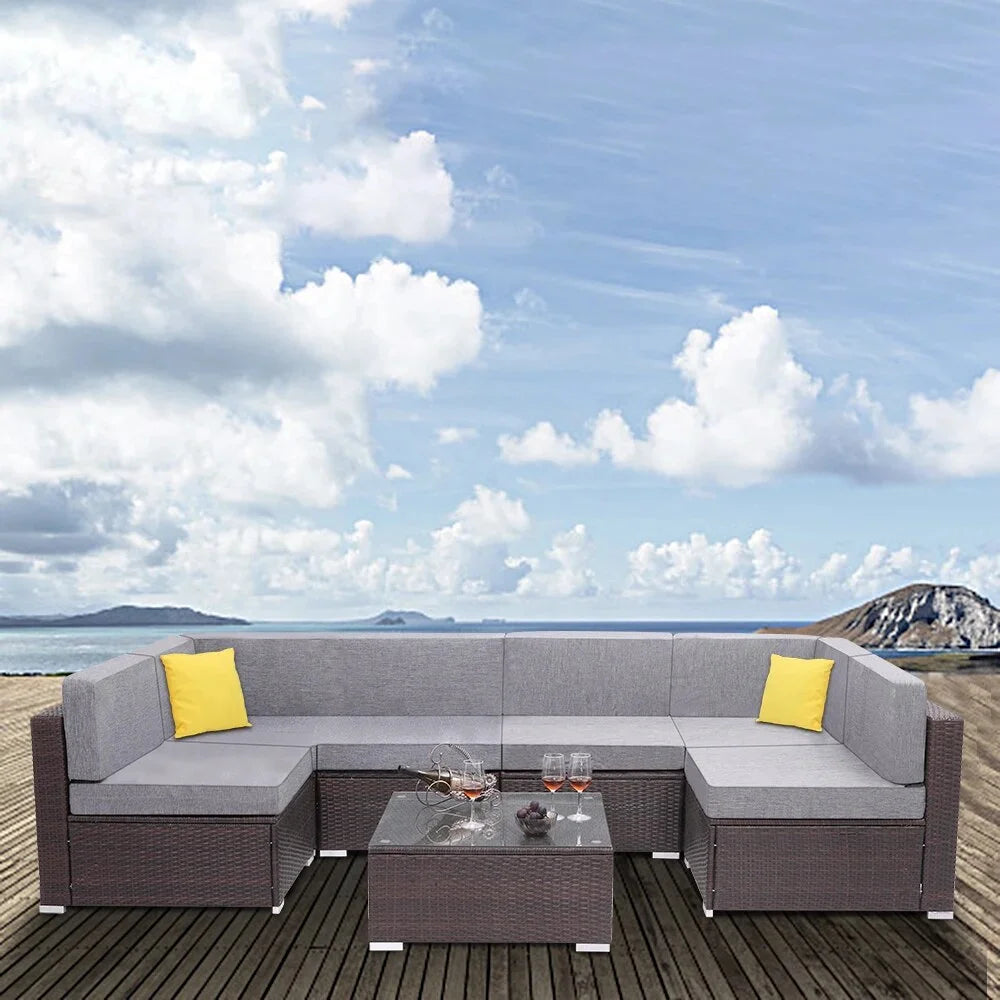 7 Pieces PE Wicker Rattan Corner Sofa Set P669