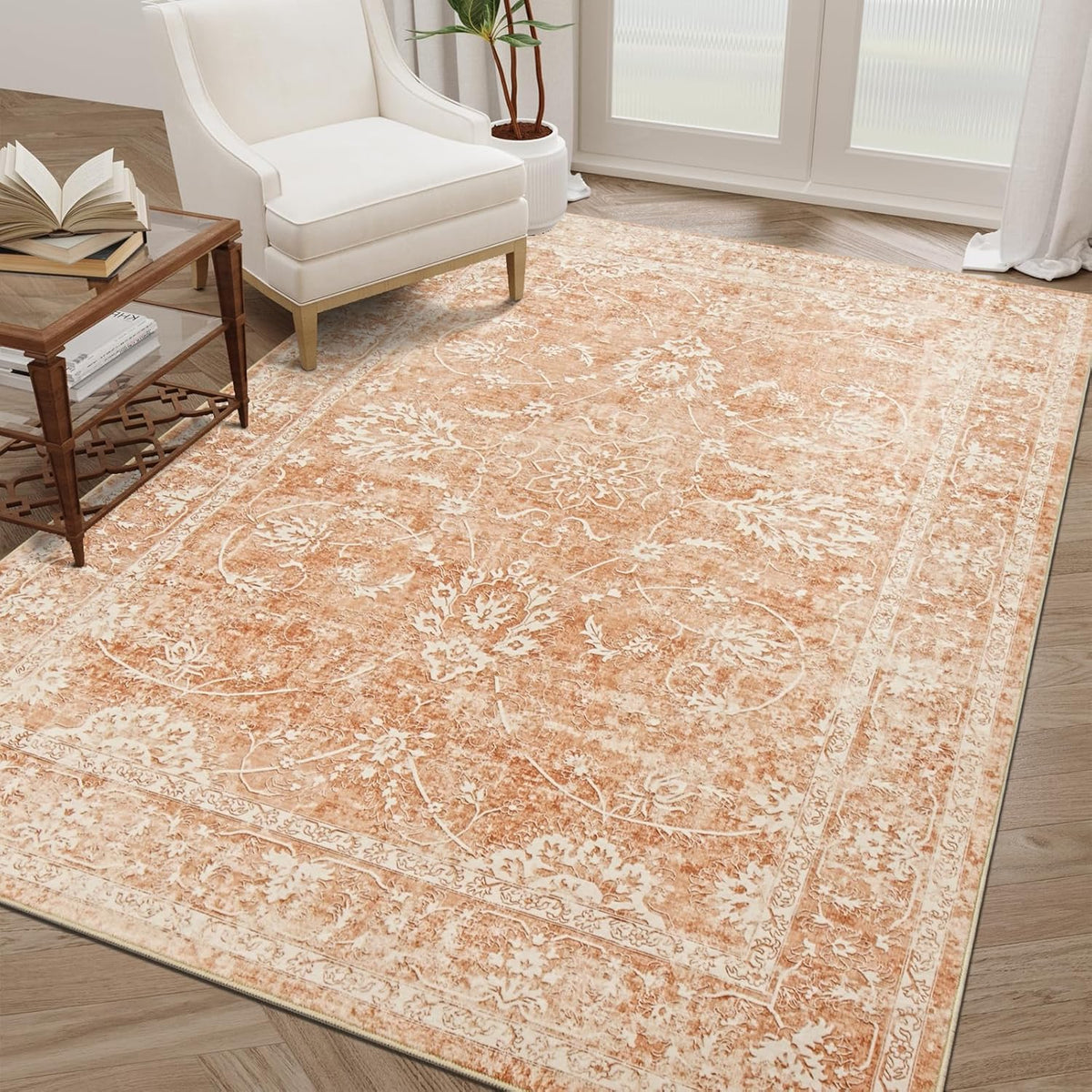 8x10 Orange Distressed Vintage Floral Area Rug Z4762