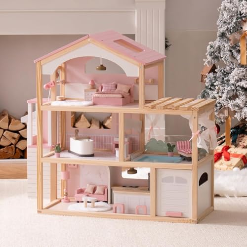 Pink Wooden Dollhouse with 6 Rooms and 29-pcs Furniture Set F654632
