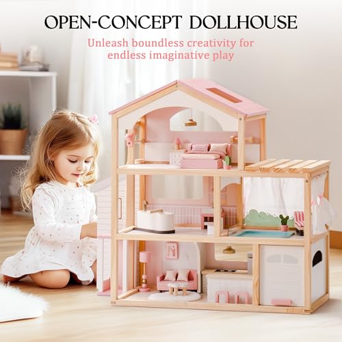 Pink Wooden Dollhouse with 6 Rooms and 29-pcs Furniture Set F654632