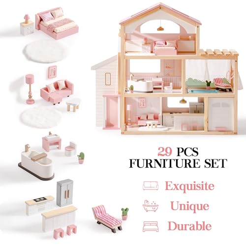 Pink Wooden Dollhouse with 6 Rooms and 29-pcs Furniture Set F654632