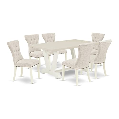 7 Piece Rectangle Dining Table with 6 Doeskin Linen Fabric Upholstered Chairs K963