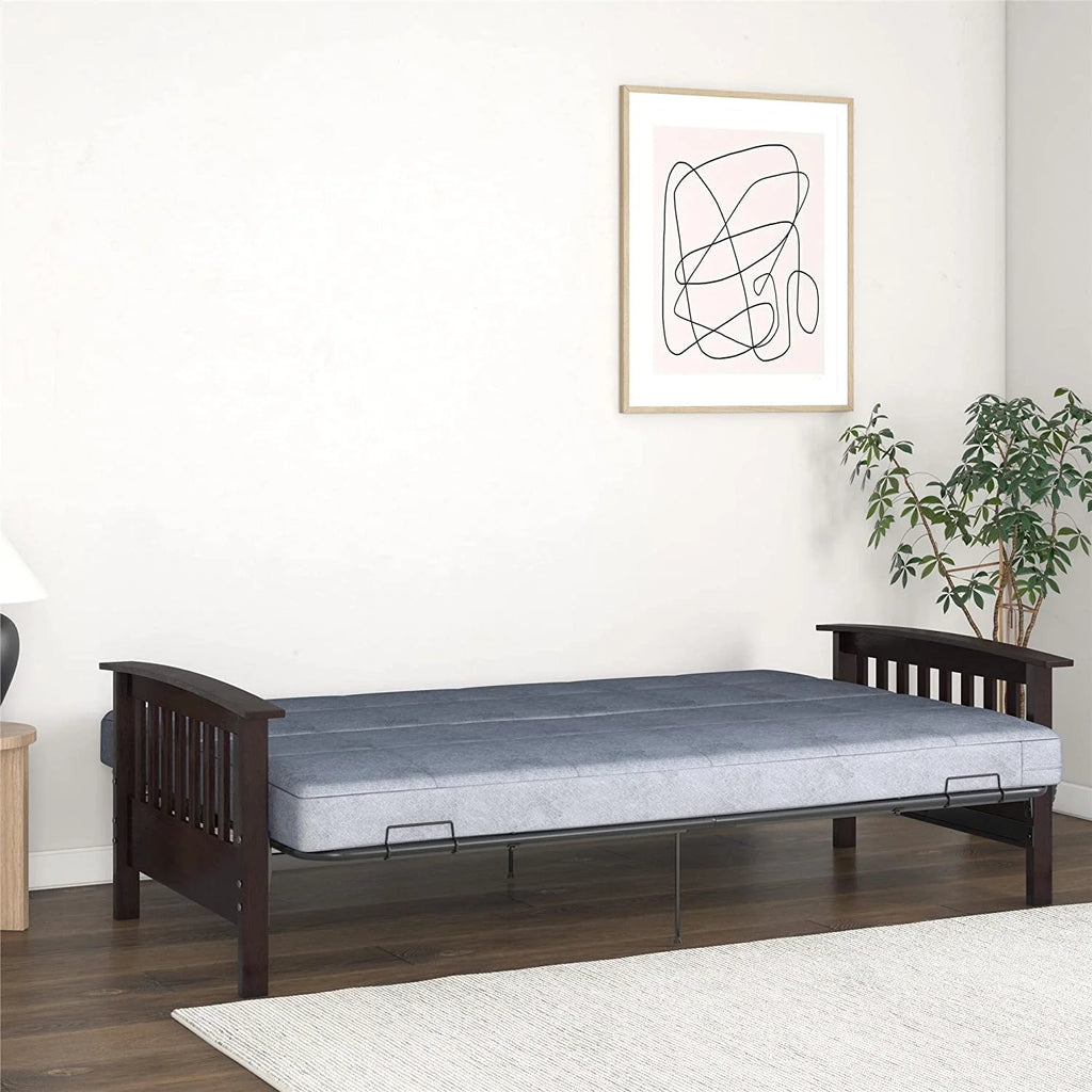 Natural Wood Full Size Futon Frame with Black Metal V16073