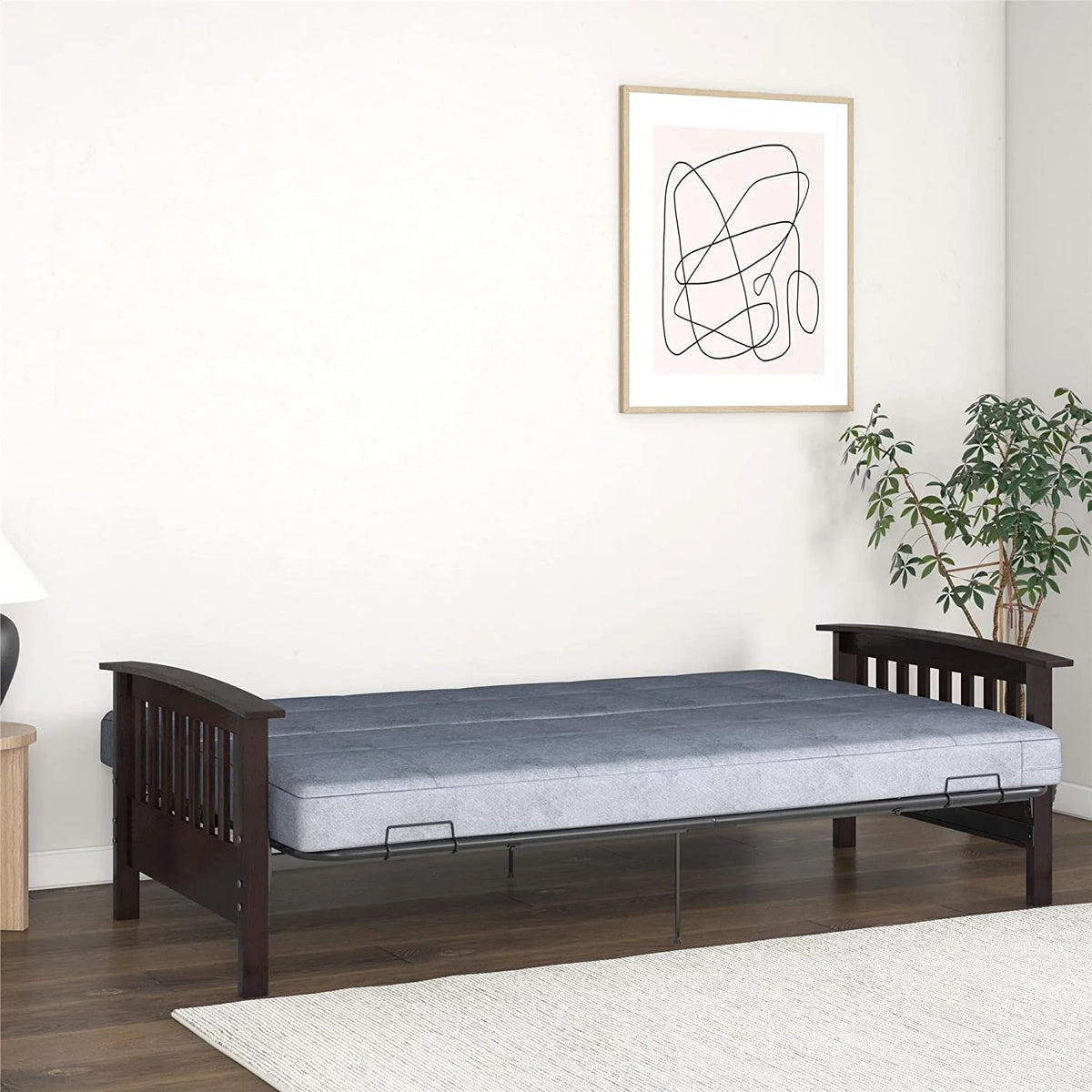 Natural Wood Full Size Futon Frame with Black Metal V16073