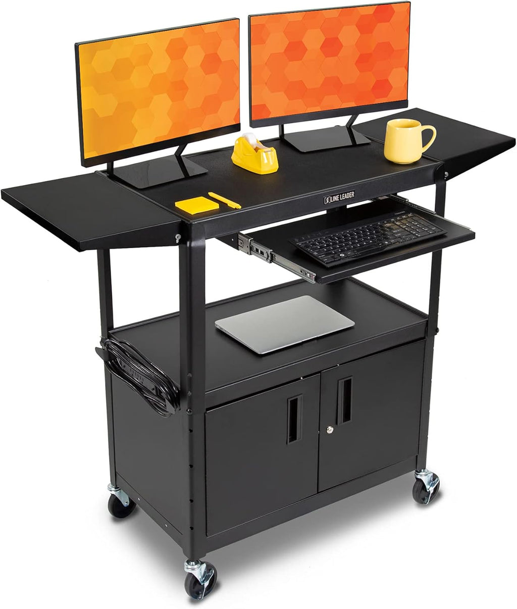 Black Height Adjustable Utility Cart with Locking Cabinet and Drop Leaves C6670