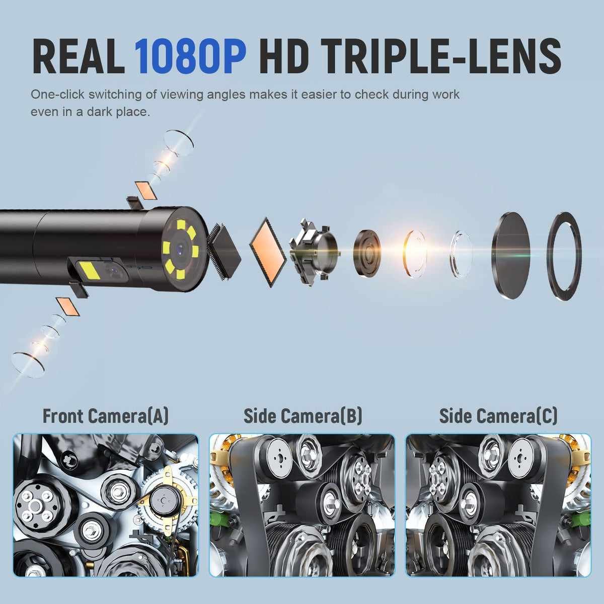 Triple Lens Industrial Endoscope Camera with 4.3'' IPS Screen 1080P HD Waterproof A3715