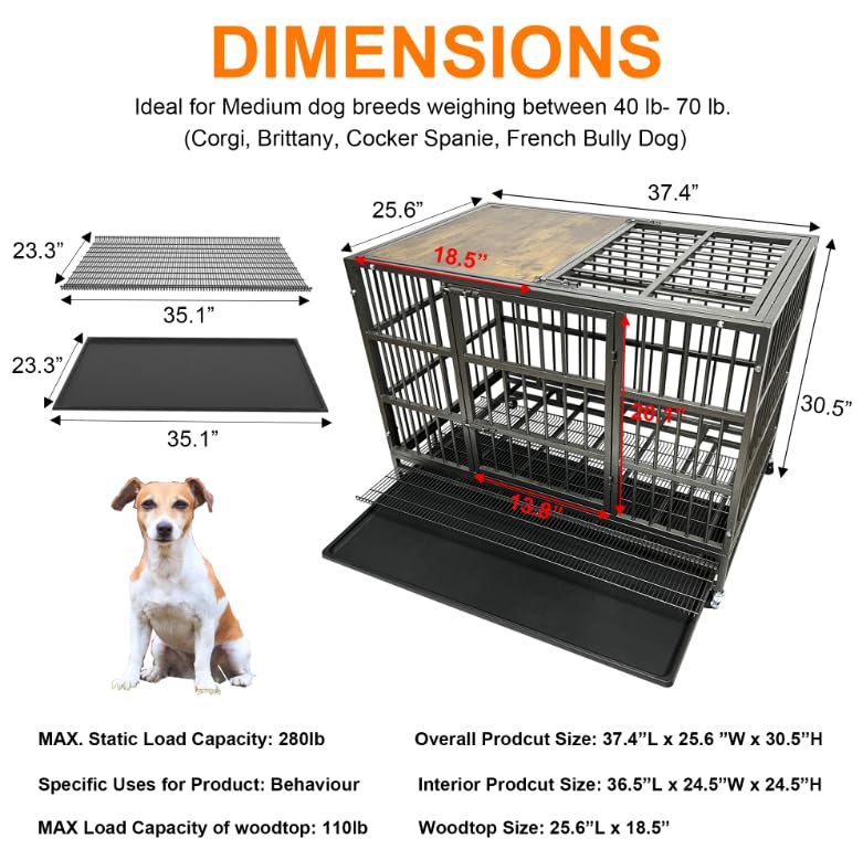 Heavy Duty Dog Crate Cage with Woodtop, Steel Kennel, Double Door and Tray K569