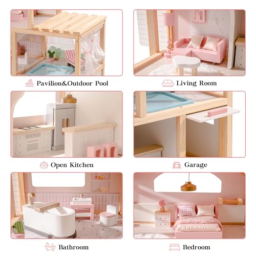 Pink Wooden Dollhouse with 6 Rooms and 29-pcs Furniture Set F654632