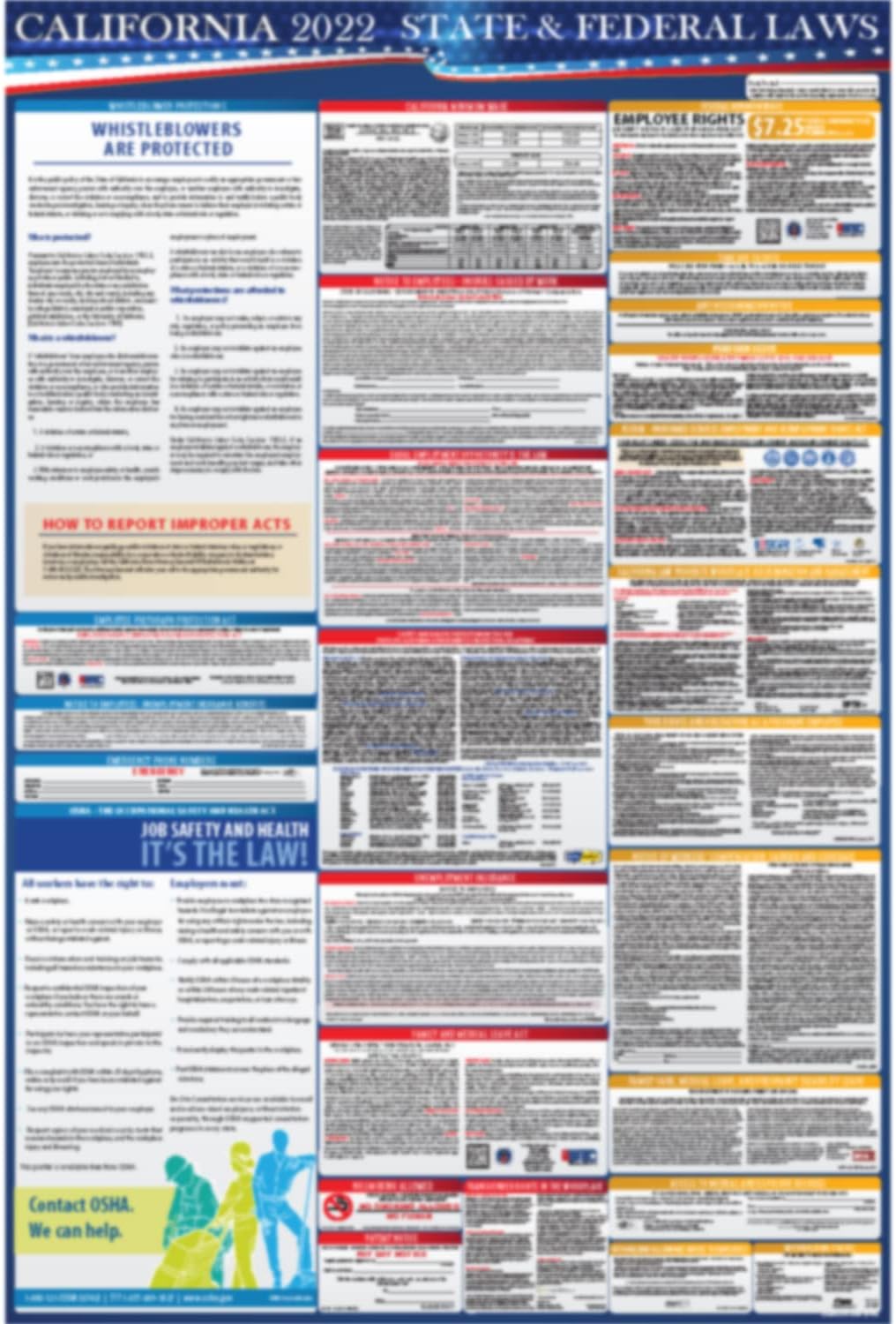 California State and Federal Labor Laws Poster English & Spanish 24 x 36 Laminated U8604
