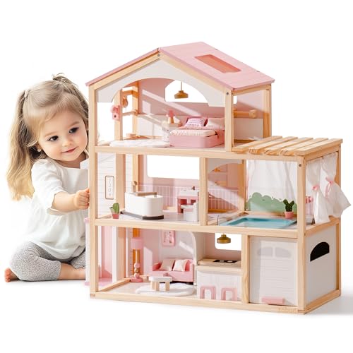 Pink Wooden Dollhouse with 6 Rooms and 29-pcs Furniture Set F654632