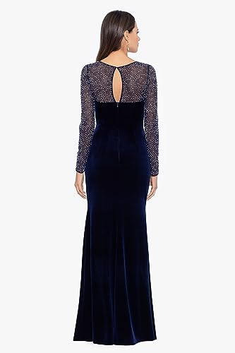 Long Stretch Velvet Illusion Beaded Sleeve Gown H959