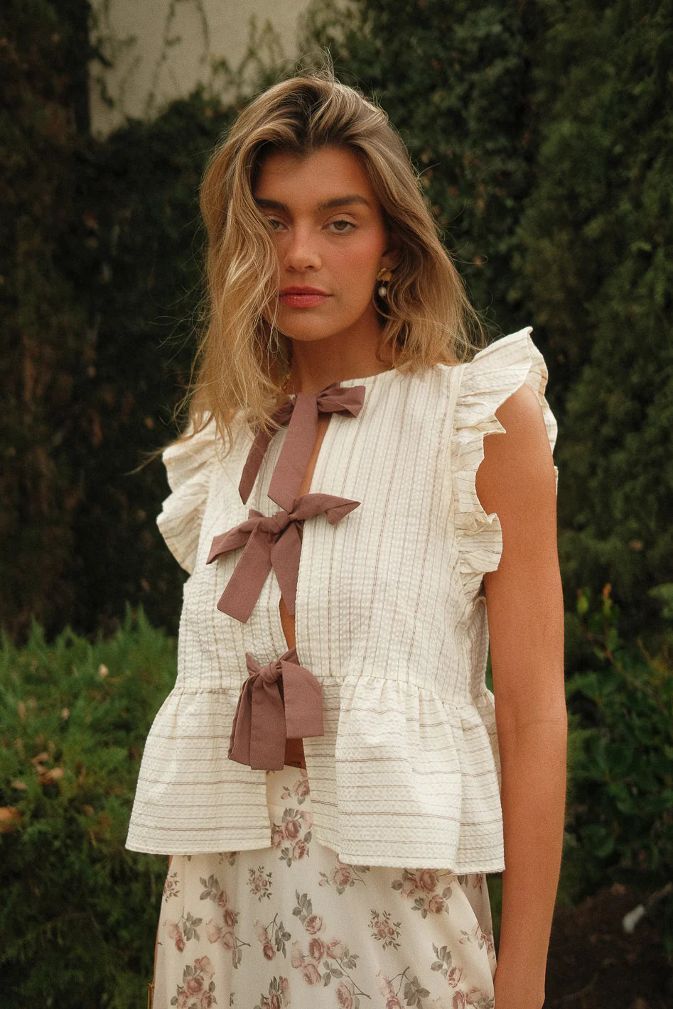 Tie Front Blouse in Mocha W4922