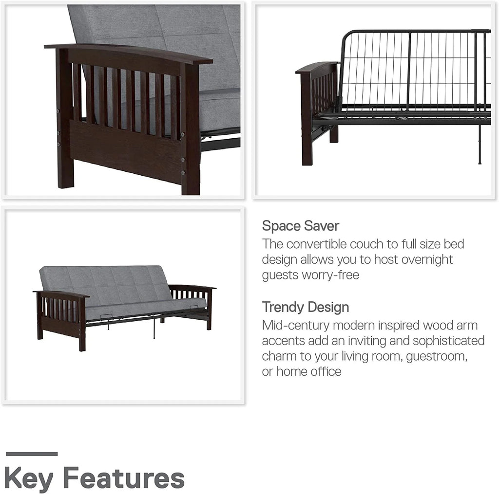 Natural Wood Full Size Futon Frame with Black Metal V16073