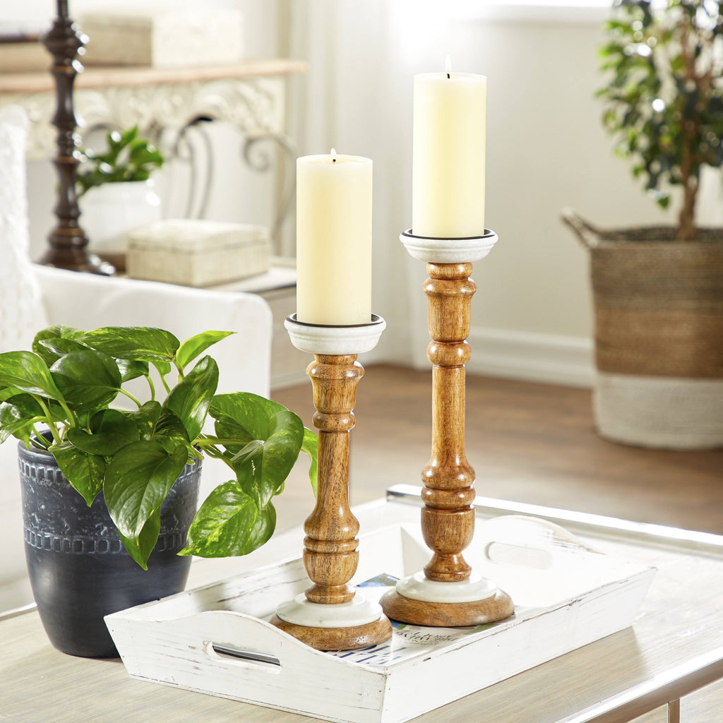 Mango Wood Pedestal Candle Holders Set of 2 P922