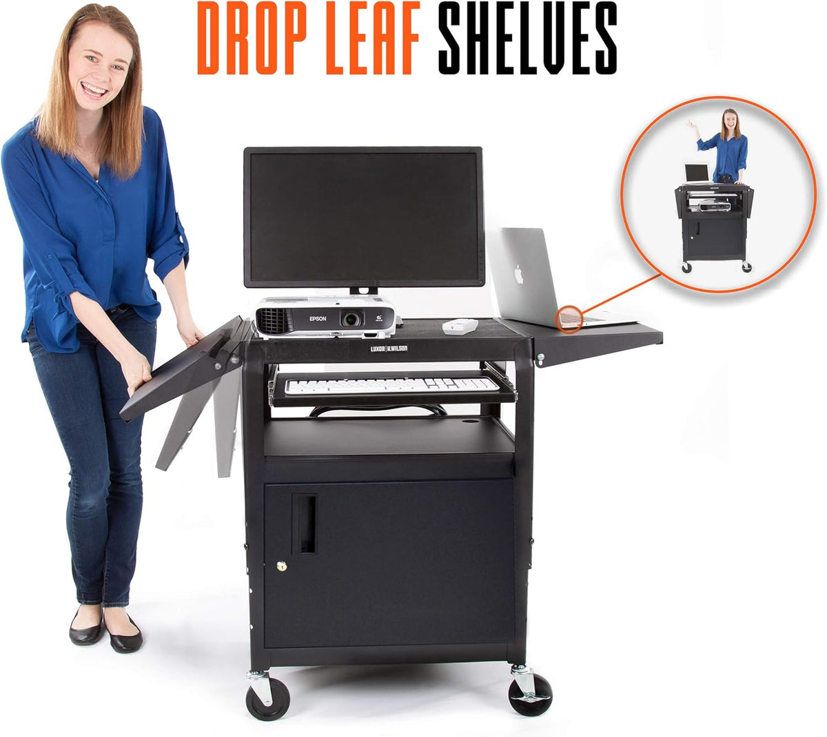 Black Height Adjustable Utility Cart with Locking Cabinet and Drop Leaves C6670