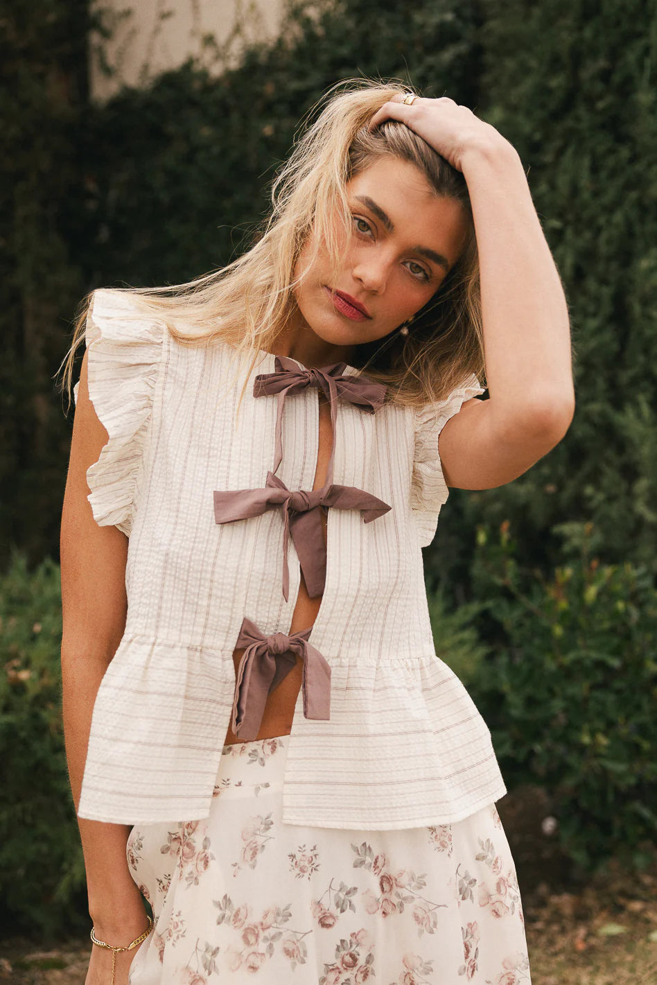 Tie Front Blouse in Mocha W4922