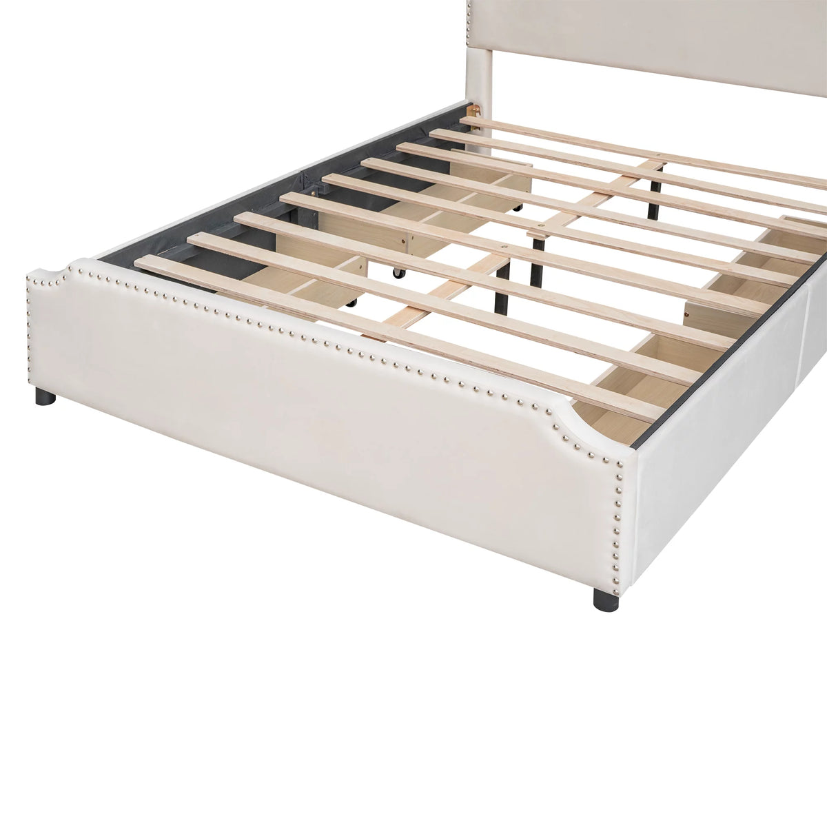 Beige Velvet Queen Size Bed with 4 Storage Drawers I252
