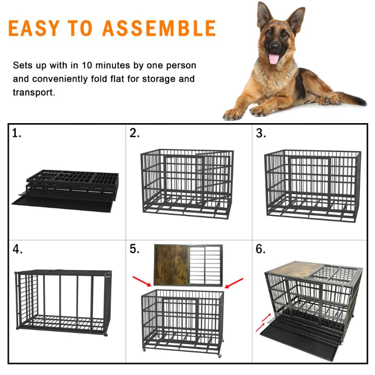 Heavy Duty Dog Crate Cage with Woodtop, Steel Kennel, Double Door and Tray K569