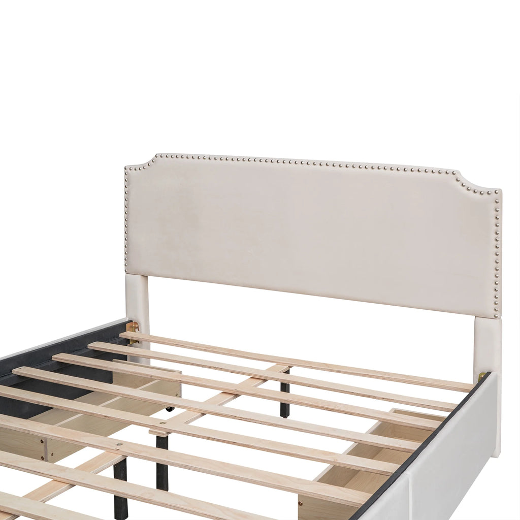 Beige Velvet Queen Size Bed with 4 Storage Drawers I252