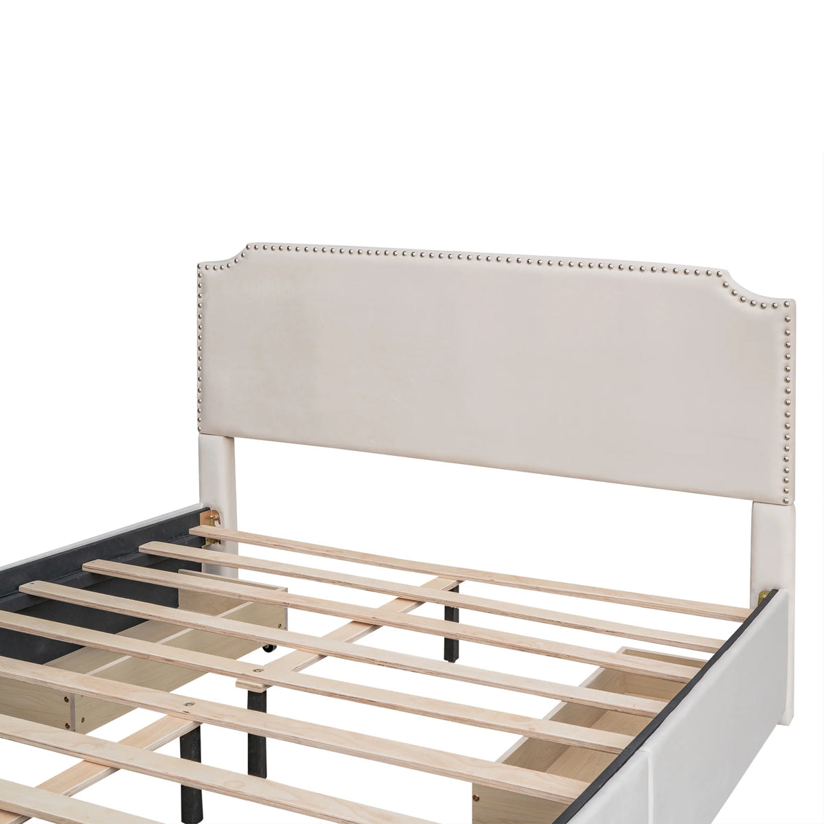 Beige Velvet Queen Size Bed with 4 Storage Drawers I252