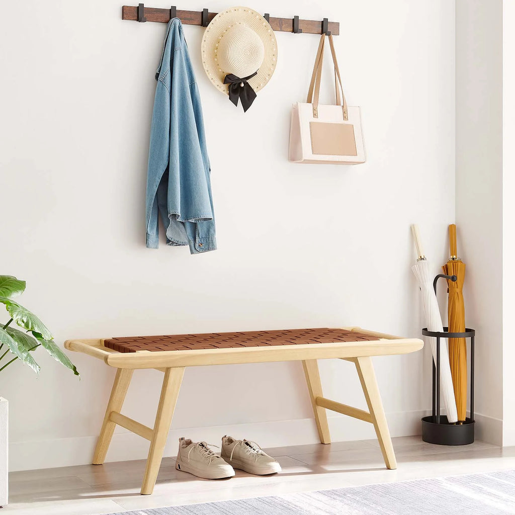 Natural Brown Faux Leather Wood Bench T4489