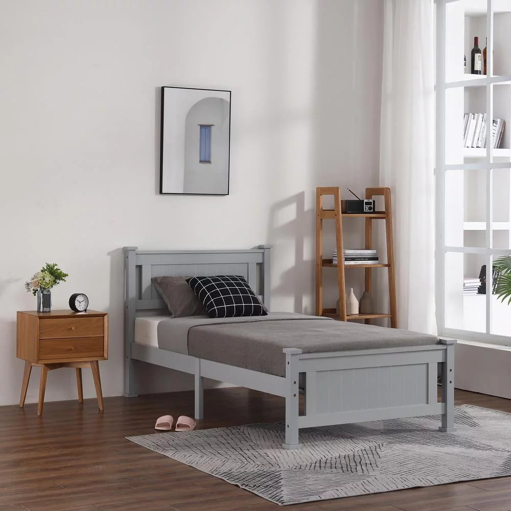 Gray Solid Pine Wood Twin Bed Frame with Headboard A1420