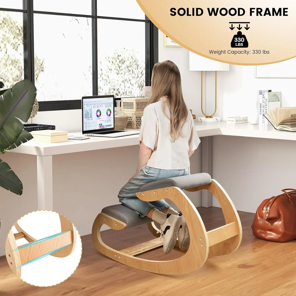 Ergonomic Kneeling Chair with Cushion Solid Wood Frame Gray A7259
