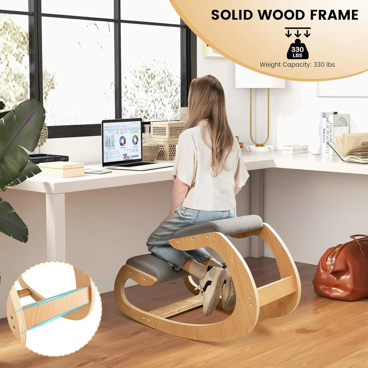 Ergonomic Kneeling Chair with Cushion Solid Wood Frame Gray A7259