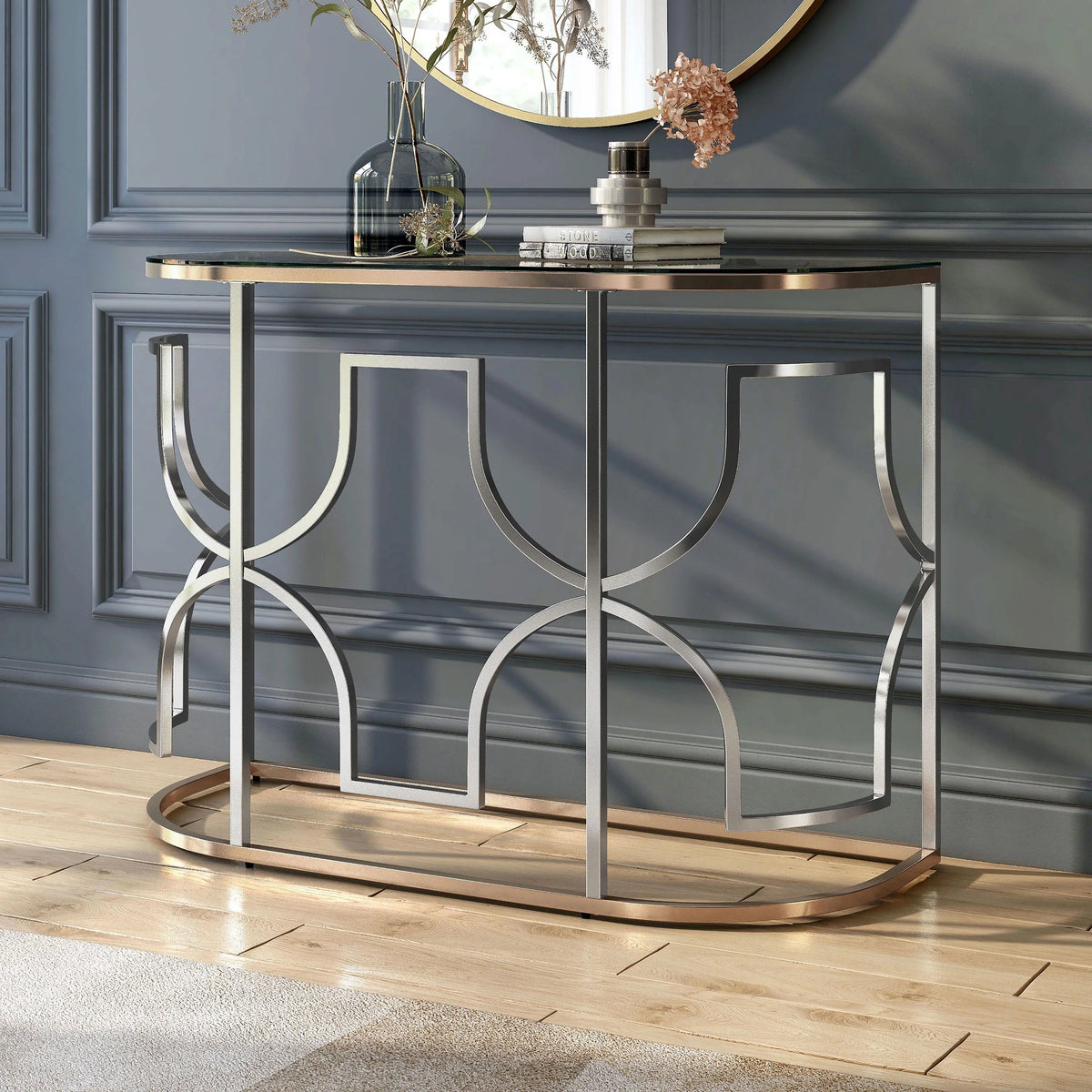 Glass Top Chrome and Gold Sofa Table W677952