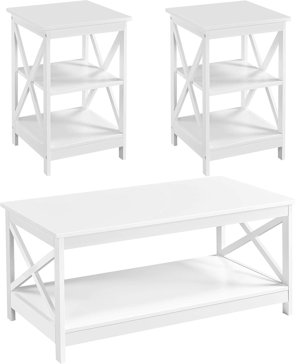 3 Piece White Wood Table Set with Shelf K2989