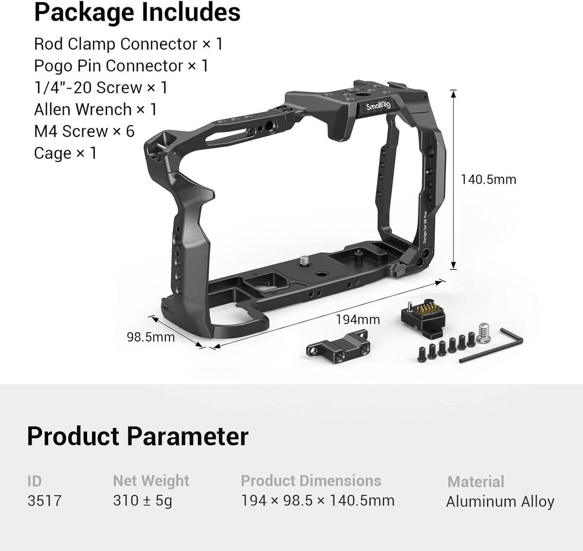 Full Cage for BMPCC 6K Pro with Built-in Removable Pogo Pin Connector X515487