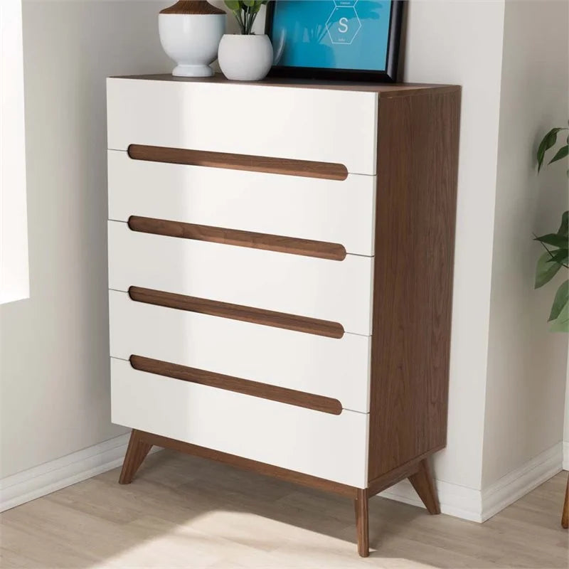 Mid Century Modern White and Walnut Chest and Nightstand Set P5536