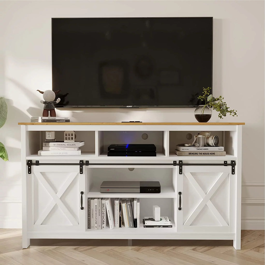 Farmhouse Barn Door TV Cabinet Media Console with Open Shelves White Y472207