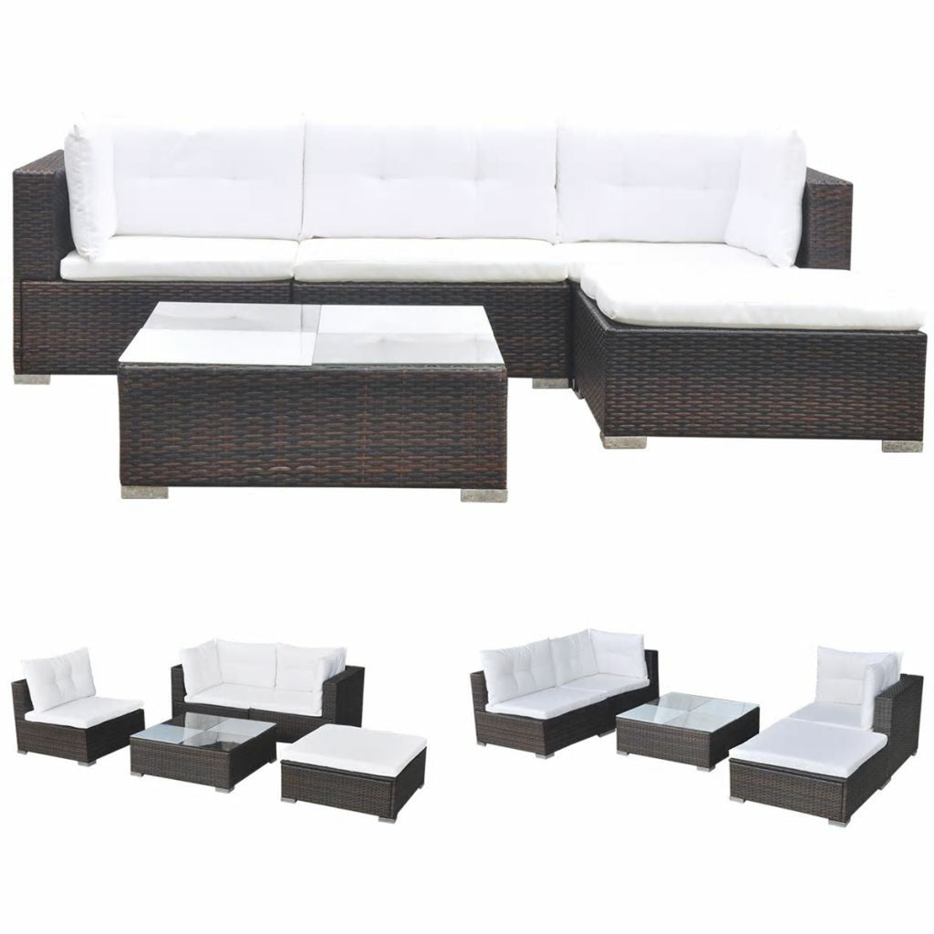5 Piece Outdoor Sectional Sofa Lounge with Coffee Table and Ottoman Set Cushioned Poly Rattan B922828