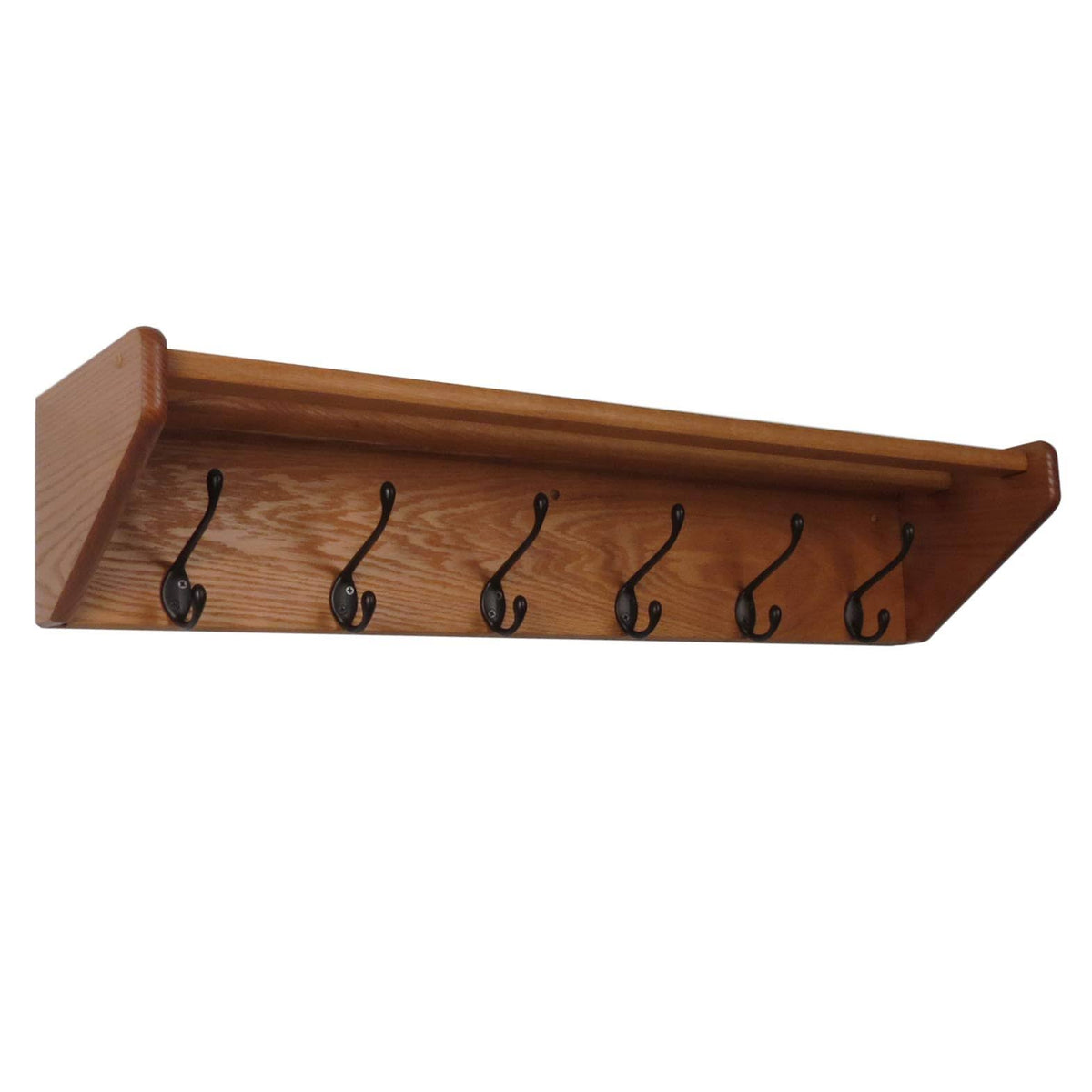 Medium Oak Wooden Shelf with 6 Black Hooks R14887